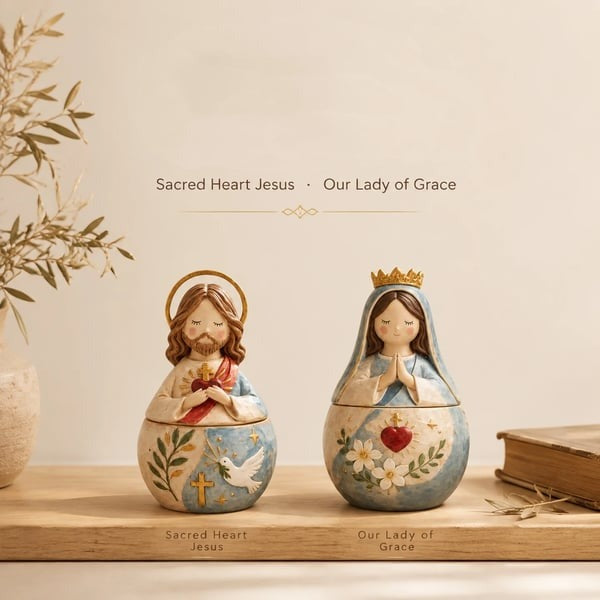 ⛪Divine Grace Collection: Hand-Painted Sacred Heart Jesus & Blessed Mary Keepsake Box