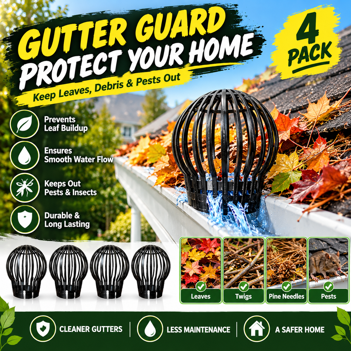 The Gutter No Longer Gets Clogged with Leaves and Water No Longer Leaks — Set of 4 Gutter Guards