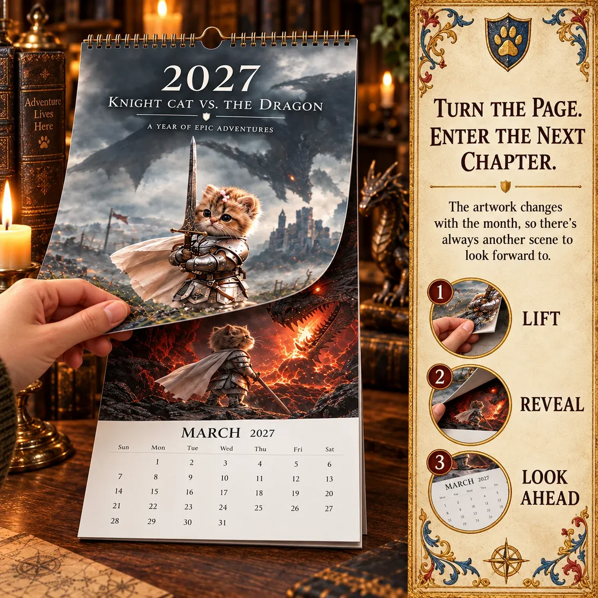 🐱2027 Knight Cat vs. The Dragon Wall Calendar | 12 Fantasy Scenes