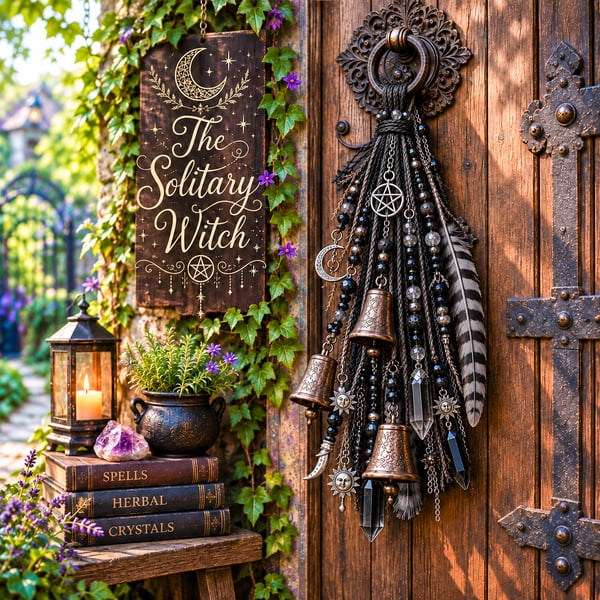 🌙 Witchy Door Charm | Celestial Hanging Décor with Moons, Crystals, Beads, Feathers & Vintage Bells for Doors