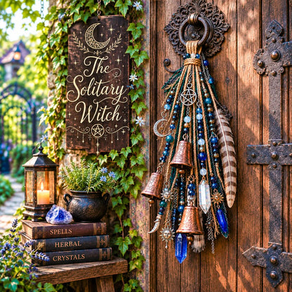 🌙 Witchy Door Charm | Celestial Hanging Décor with Moons, Crystals, Beads, Feathers & Vintage Bells for Doors