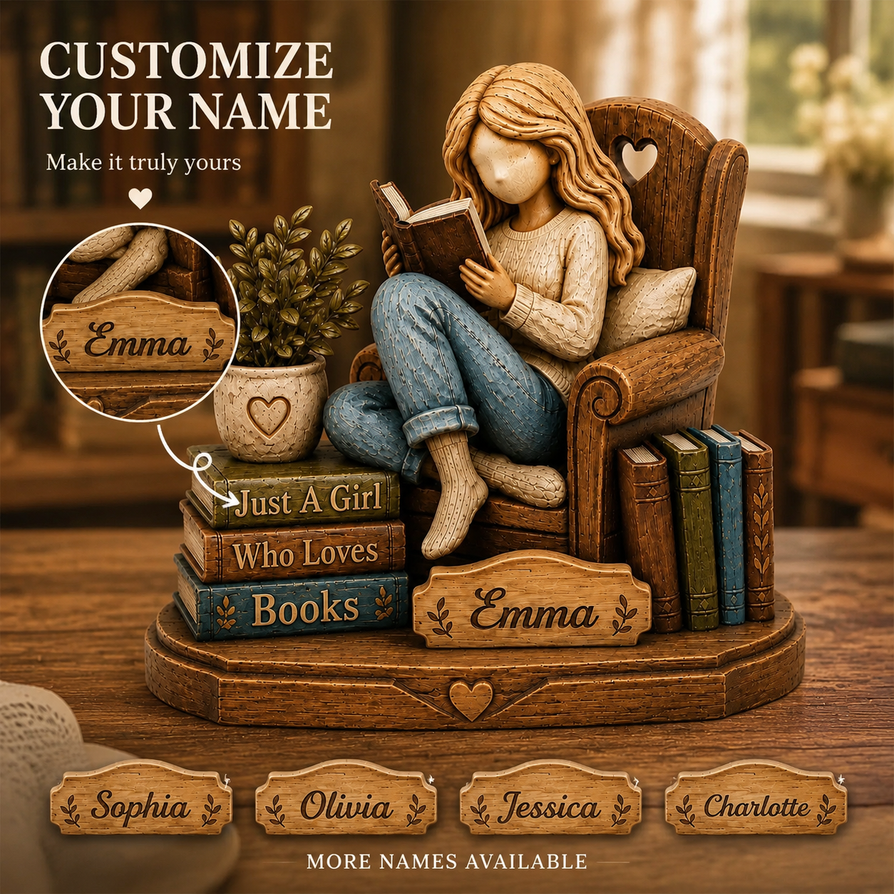 Personalized Book Lover Wooden Book Lover Gift, Custom Name Reading Girl Desk Decor