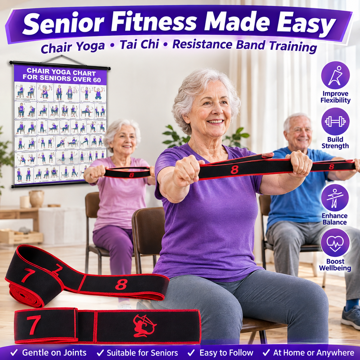 💃👩Tai Chi Chair Workout Chart for Seniors With 🎁Free Bonus Resistance Band+Instructional Video