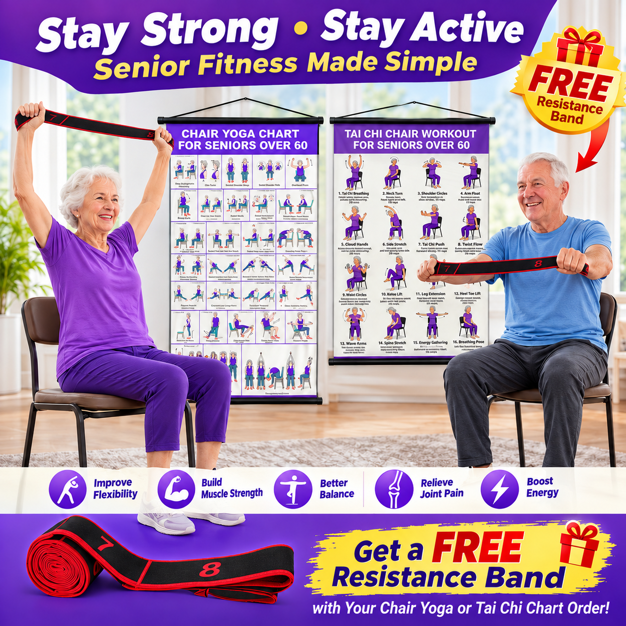 💃👩Tai Chi Chair Workout Chart for Seniors With 🎁Free Bonus Resistance Band+Instructional Video
