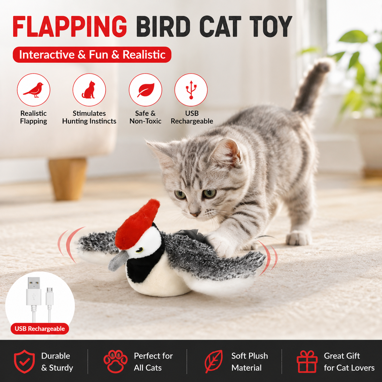 🐱Interactive Cat Toys🐦Rechargeable Chirping Flapping Bird