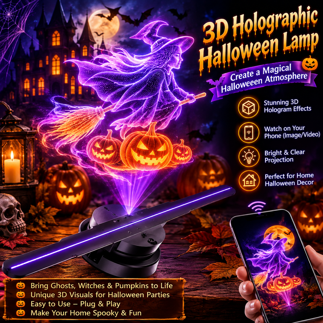 Halloween Christmas 3D Holographic Display Fan, LED Dynamic Hologram Projector