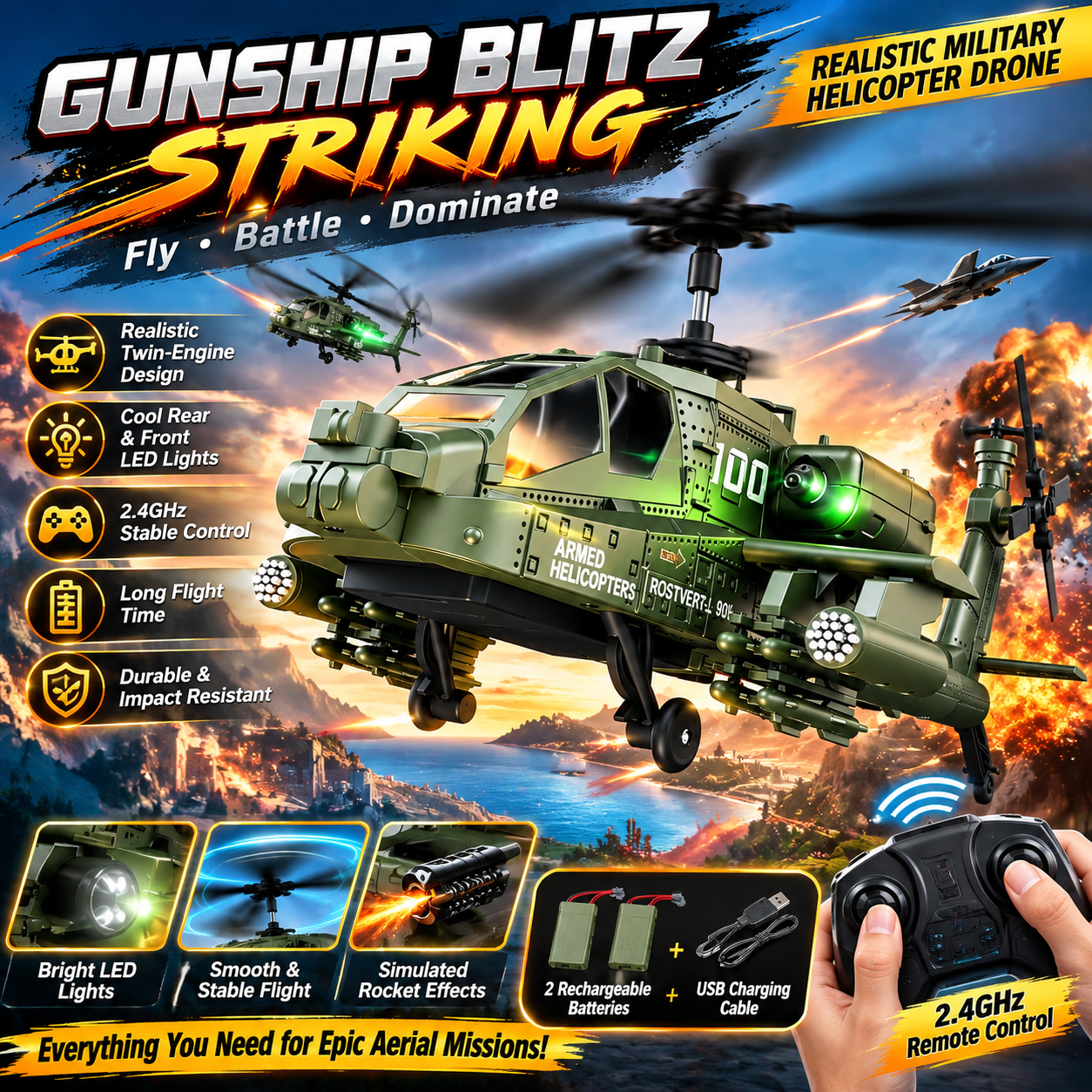 Remote Control Helicopter 2.4GHz Apache Military Army Helicopter Toys