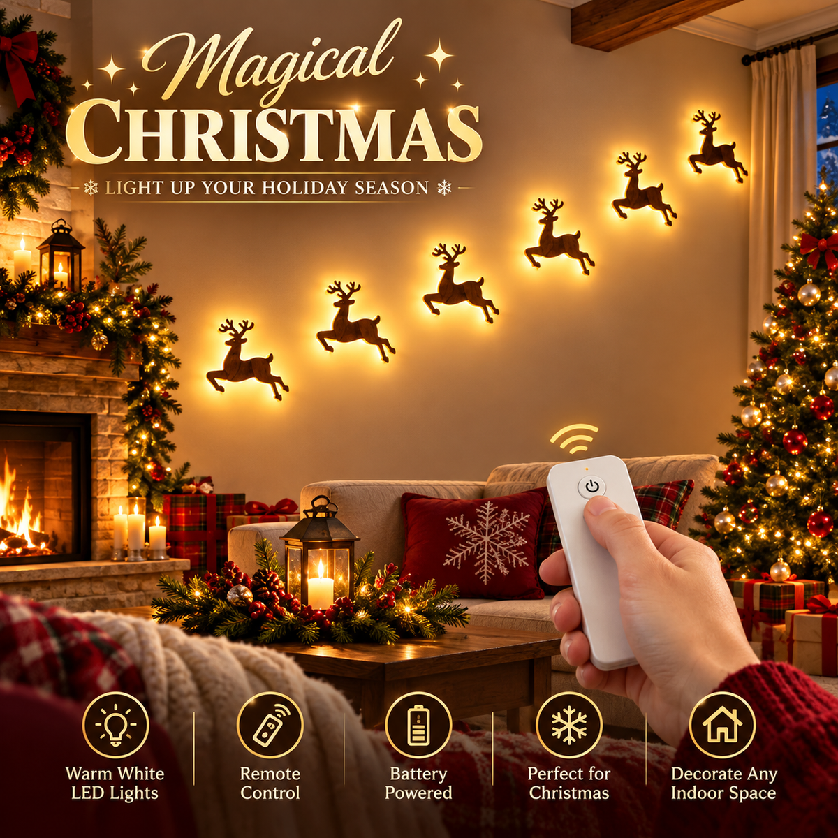 🎅 7-Piece Glowing Reindeer Wall Decor – Warm Festive Christmas Lighting🦌
