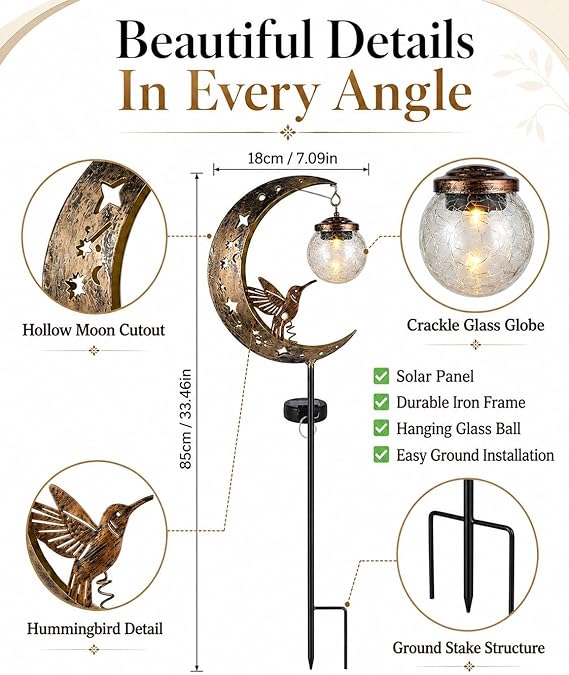 Moon & Hummingbird Solar Garden Light