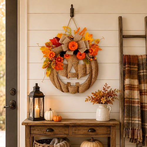 🎉🎃✨ Lighted Burlap Pumpkin Wreath