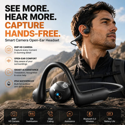 🎧 8MP Smart Camera Open-Ear Headset – POV Video, Calls & AI Assistance 🎥