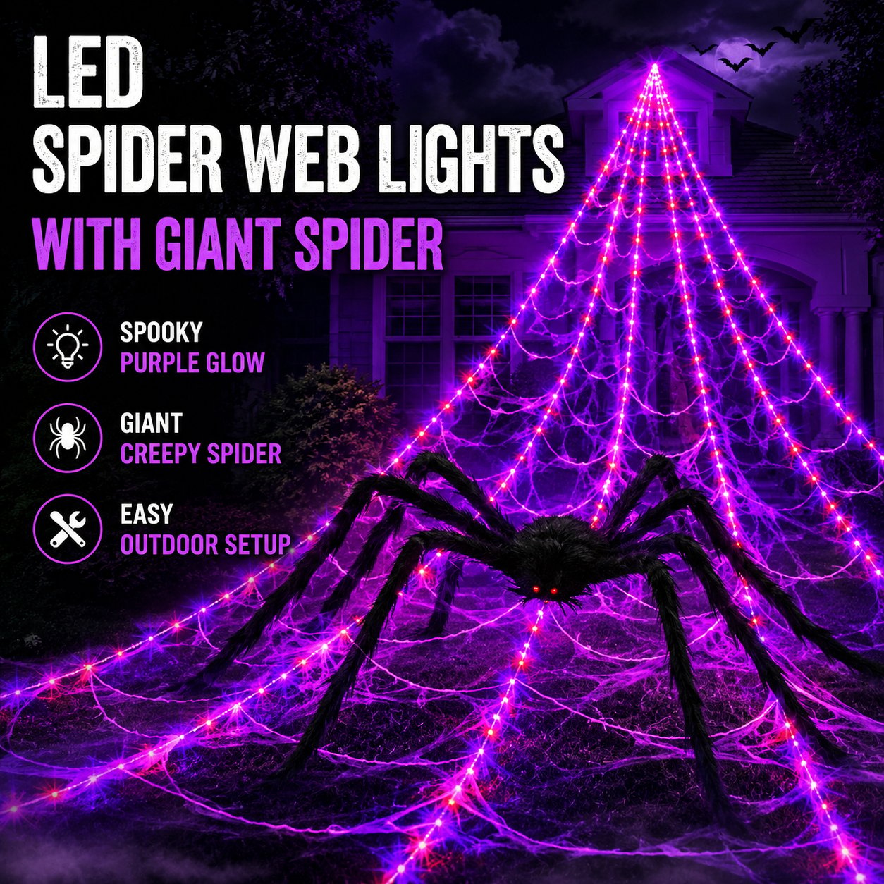 Halloween LED Spider Web Lights & Giant Black Spider Decor
