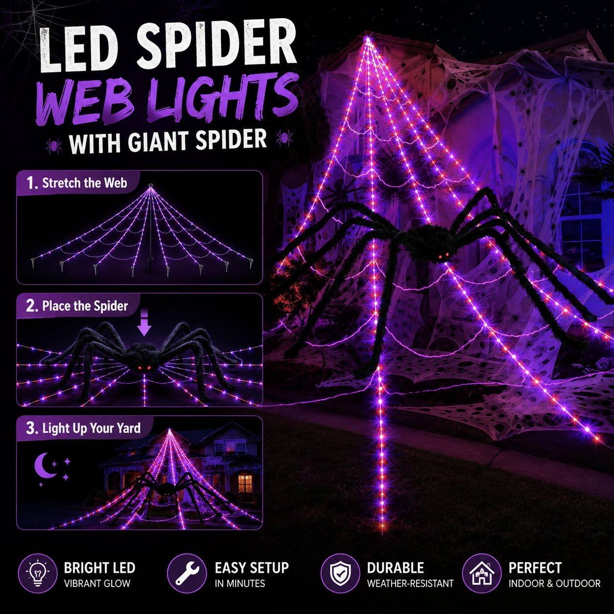 Halloween LED Spider Web Lights & Giant Black Spider Decor