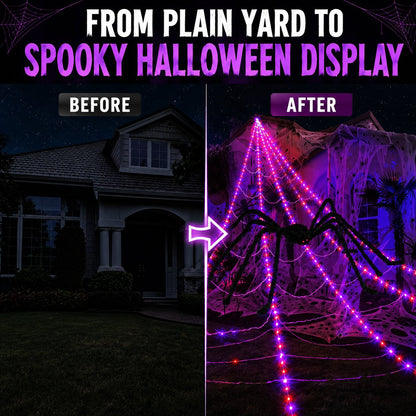 Halloween LED Spider Web Lights & Giant Black Spider Decor