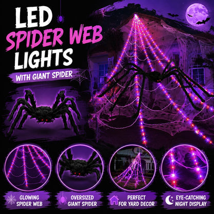 Halloween LED Spider Web Lights & Giant Black Spider Decor