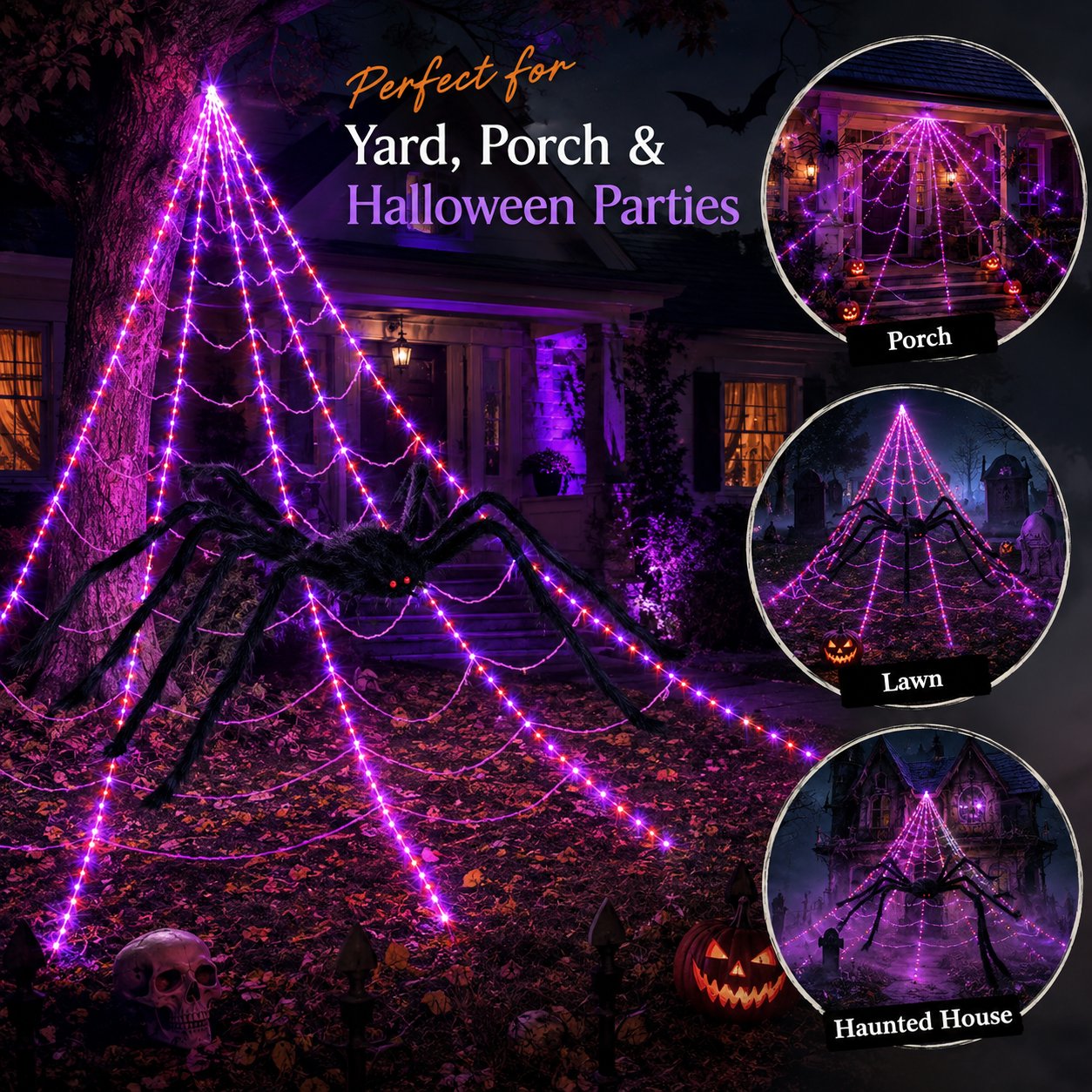 Halloween LED Spider Web Lights & Giant Black Spider Decor