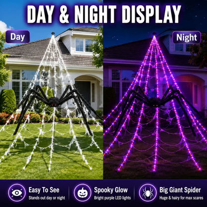 Halloween LED Spider Web Lights & Giant Black Spider Decor
