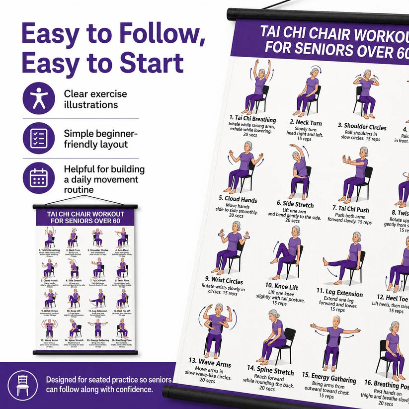 💃👩Tai Chi Chair Workout Chart for Seniors With 🎁Free Bonus Resistance Band+Instructional Video