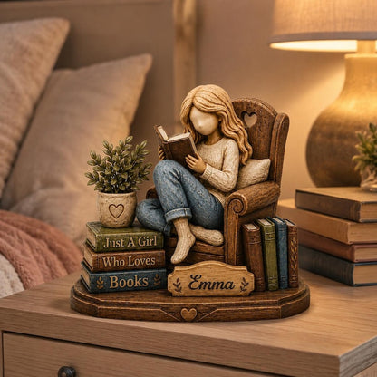 Personalized Book Lover Wooden Book Lover Gift, Custom Name Reading Girl Desk Decor