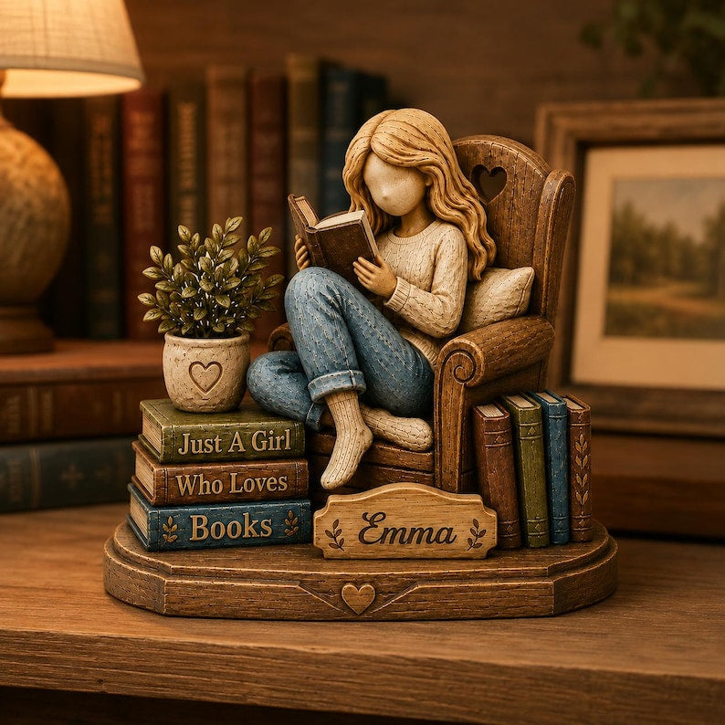 Personalized Book Lover Wooden Book Lover Gift, Custom Name Reading Girl Desk Decor