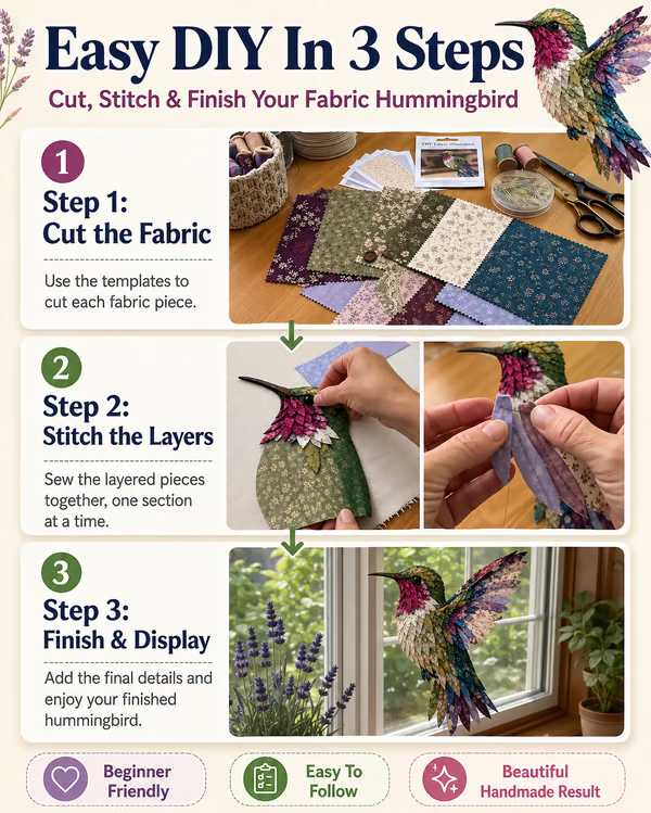 Beginner Friendly ✨ 3D Patchwork Bird DIY Craft Kit – Create a Layered Fabric Bird Worth Displaying