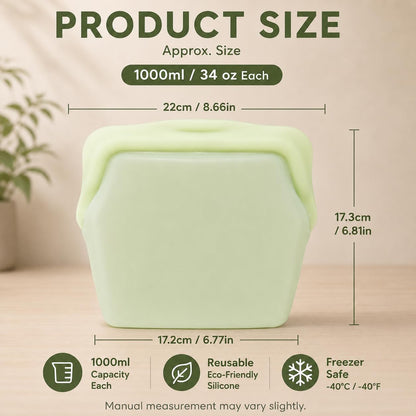 🛍️ 5 Pack 1000ml Stand Up Silicone Food Storage Bags Leakproof