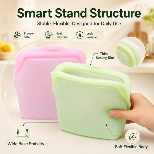 🛍️ 5 Pack Stand Up Silicone Food Storage Bags Leakproof