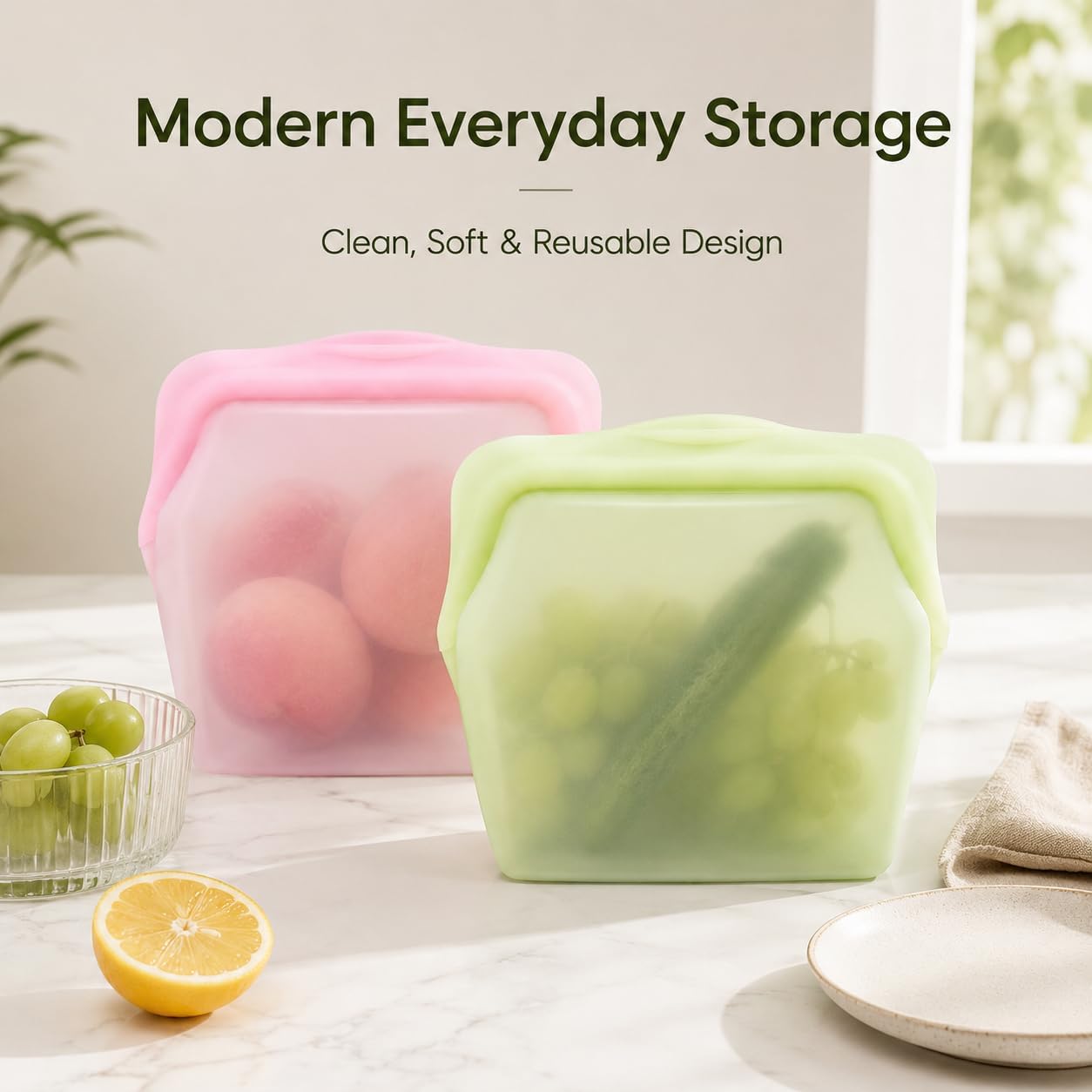 🛍️ 5 Pack 1000ml Stand Up Silicone Food Storage Bags Leakproof