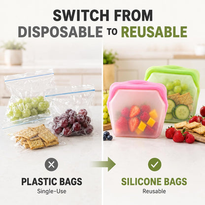 🛍️ 5 Pack 1000ml Stand Up Silicone Food Storage Bags Leakproof
