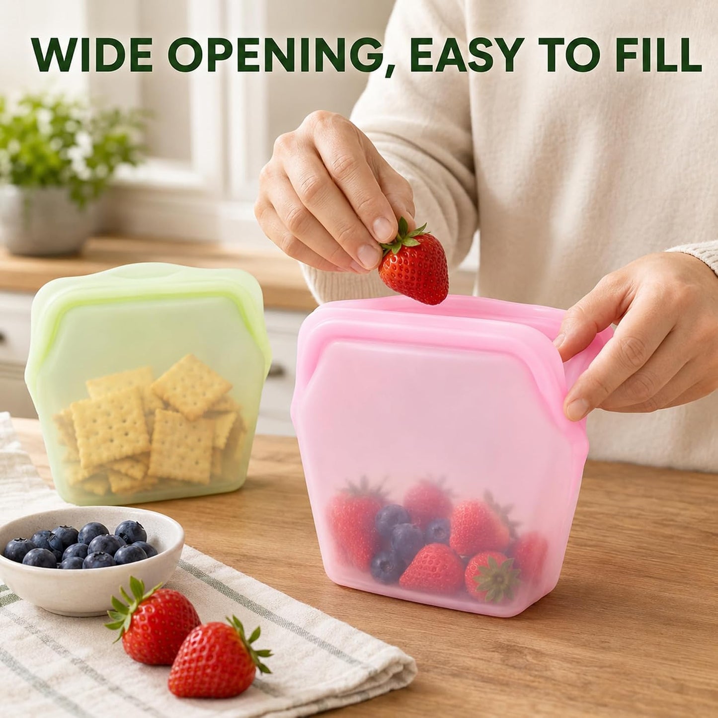 🛍️ 5 Pack 1000ml Stand Up Silicone Food Storage Bags Leakproof