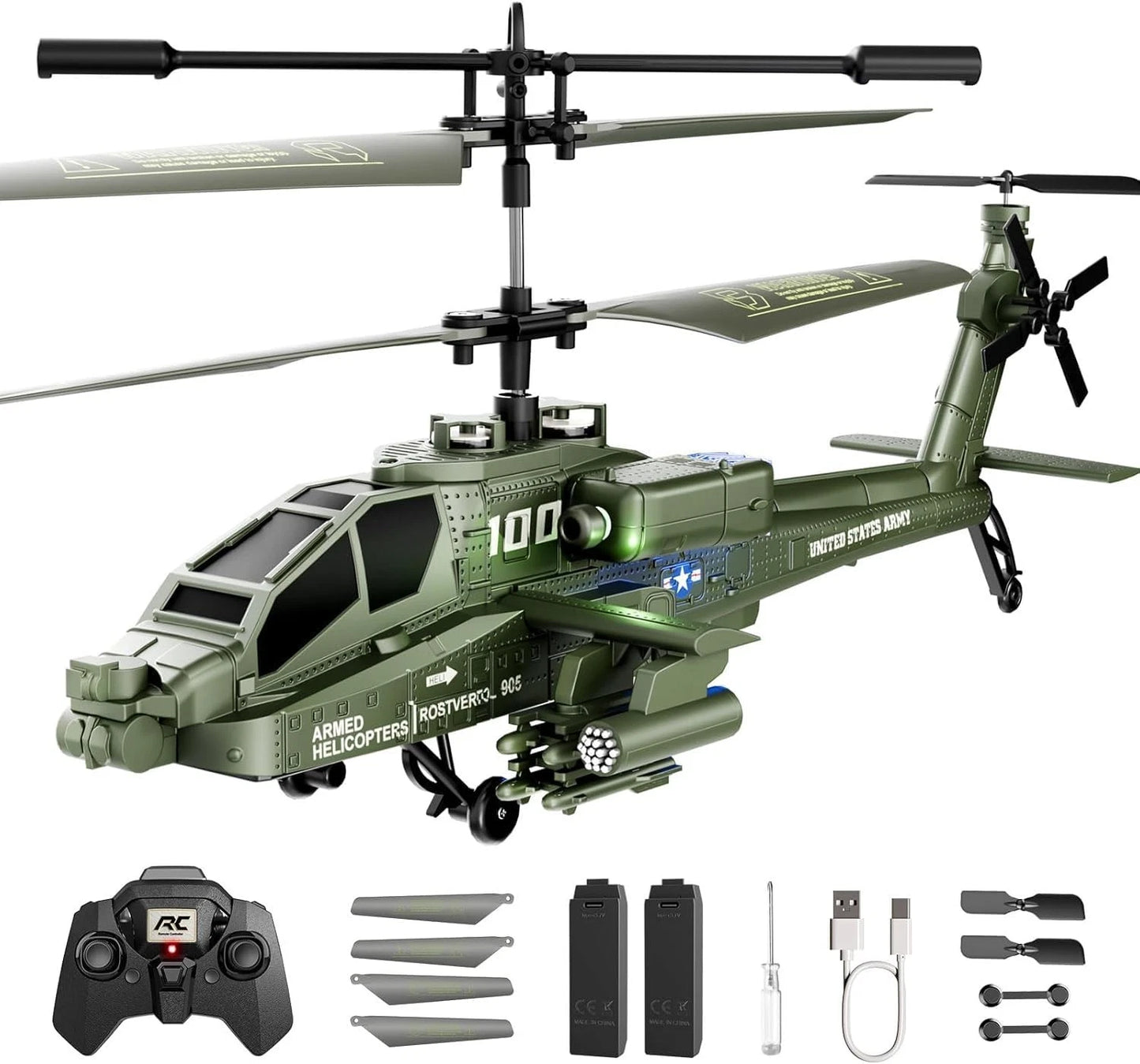 Remote Control Helicopter 2.4GHz Apache Military Army Helicopter Toys