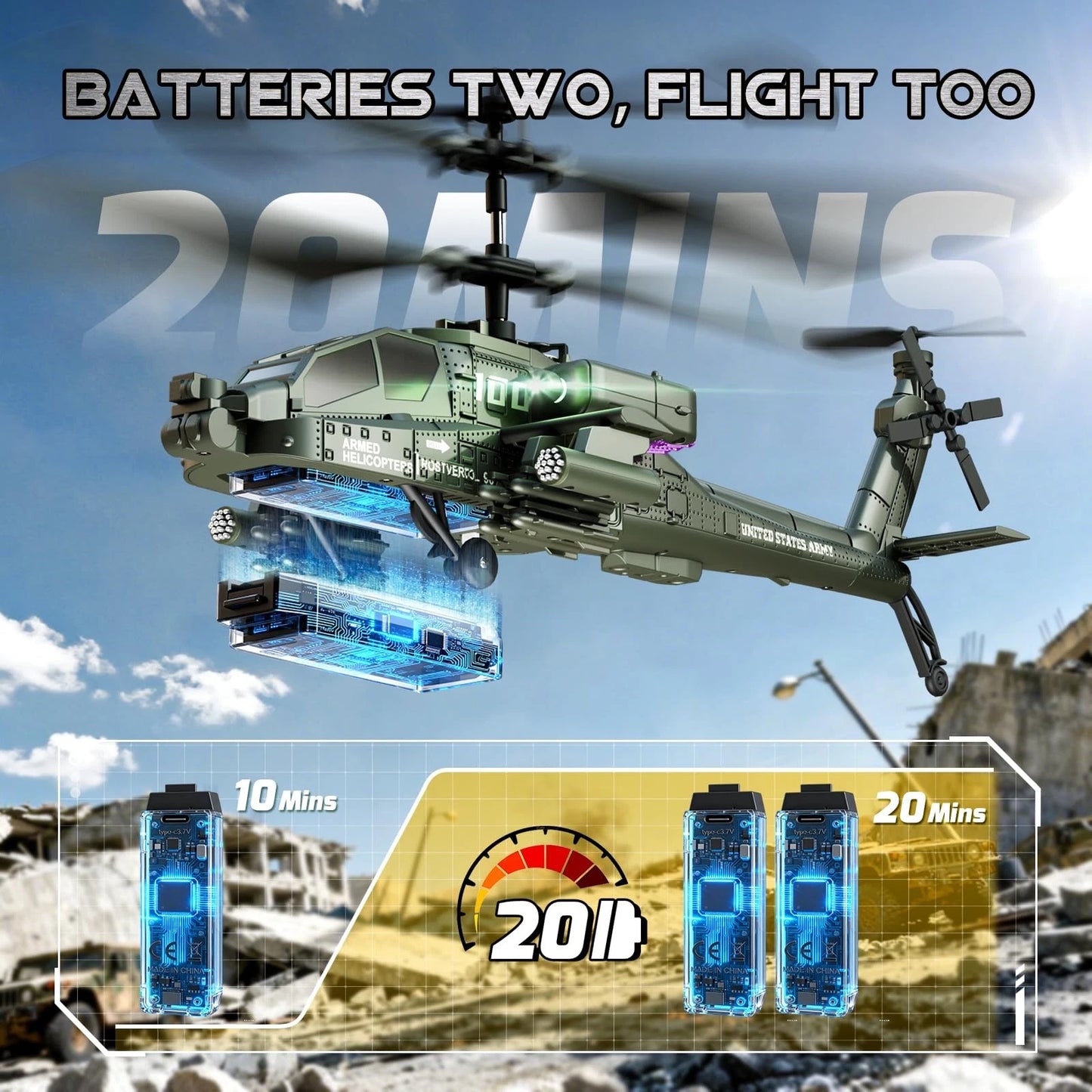 Remote Control Helicopter 2.4GHz Apache Military Army Helicopter Toys