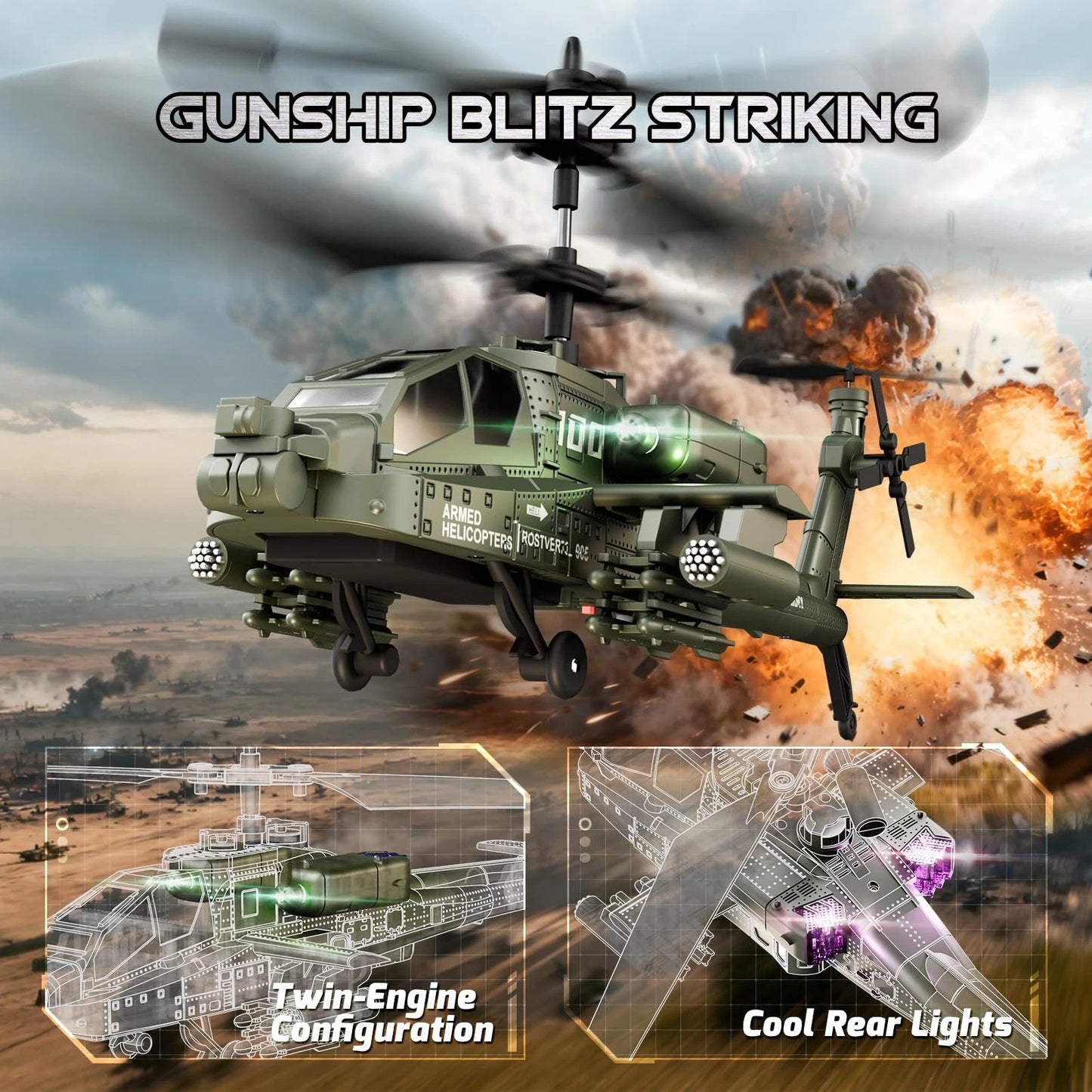 Remote Control Helicopter 2.4GHz Apache Military Army Helicopter Toys