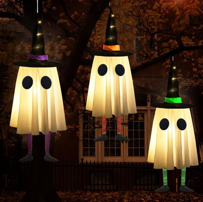 👻 Halloween Hanging Ghosts with Witch Hat Lights