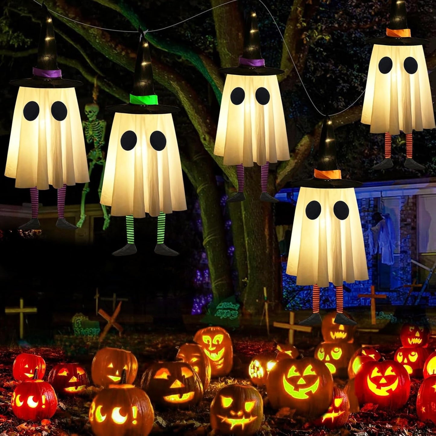 👻 Halloween Hanging Ghosts with Witch Hat Lights