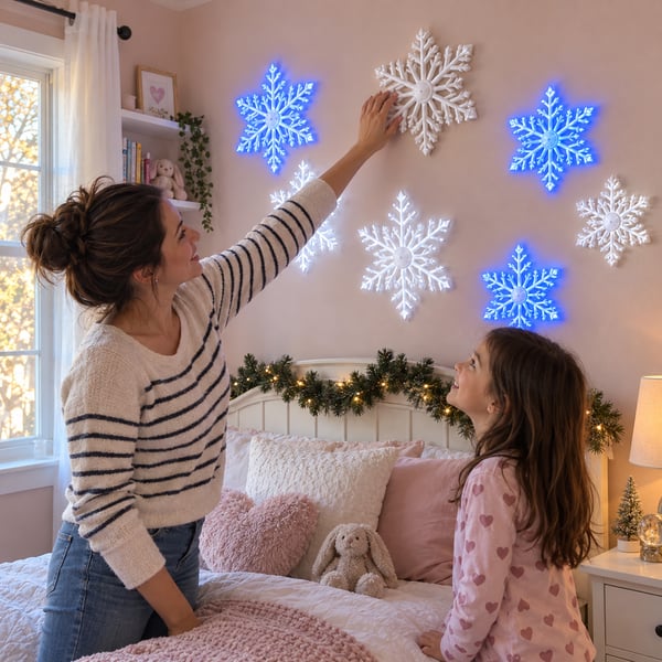 ❄️ LED Snowflake Wall Lights | 3D Christmas Snowflake Décor with Blue & White Glow, Remote Control