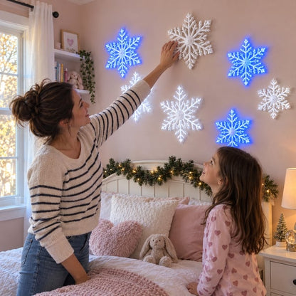 ❄️ LED Snowflake Wall Lights | 3D Christmas Snowflake Décor with Blue & White Glow, Remote Control
