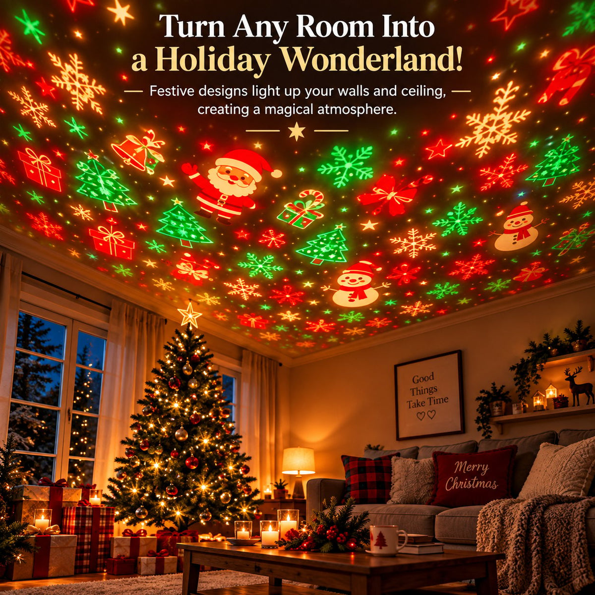Christmas projection styling above a cozy living room