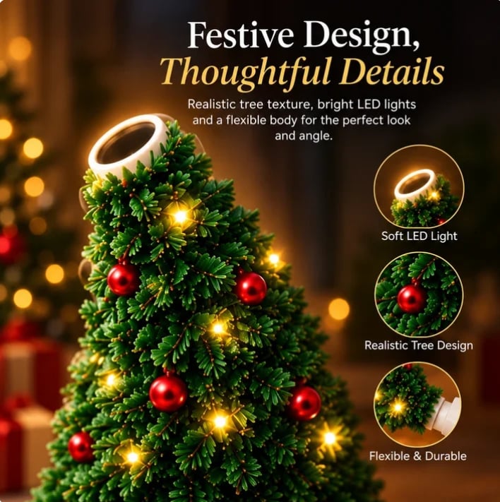 Christmas tree-shaped projector with green foliage styling and red ornaments