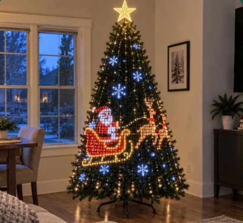 Christmas tree with animated Santa sleigh lights