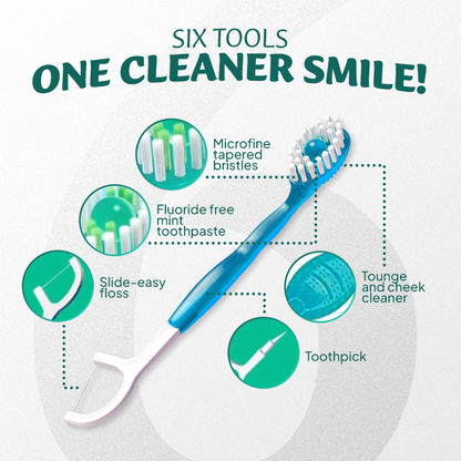 dht™⭐ 6-in-1 Ready-to-Go Mini Travel Toothbrush with Floss & Toothpick, No Rinsing Needed, Individually Wrapped & TSA Friendly