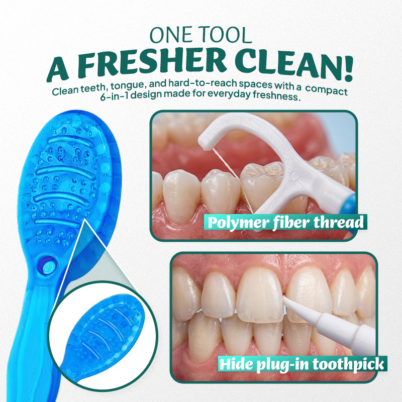 dht™⭐ 6-in-1 Ready-to-Go Mini Travel Toothbrush with Floss & Toothpick, No Rinsing Needed, Individually Wrapped & TSA Friendly