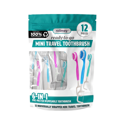 dht™⭐ 6-in-1 Ready-to-Go Mini Travel Toothbrush with Floss & Toothpick, No Rinsing Needed, Individually Wrapped & TSA Friendly