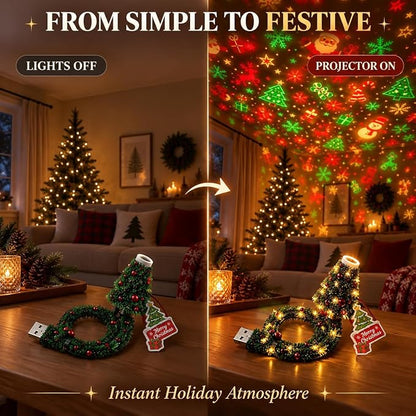 Christmas Tree Shape Projector Light, Dual Holiday Halloween & Christmas Pattern Projection Lamp for Home Party Decor