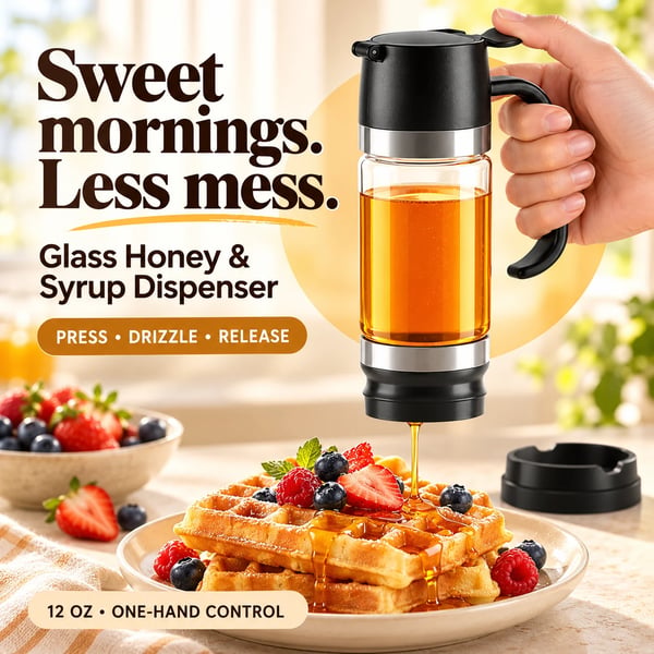 🍯 12 oz Glass Honey & Syrup Dispenser with One-Hand Control