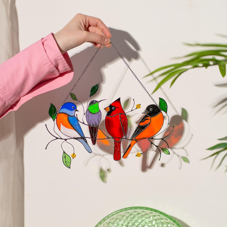Handmade Birds Stained Glass Window Wall Hanging
