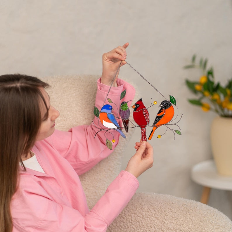 Handmade Birds Stained Glass Window Wall Hanging