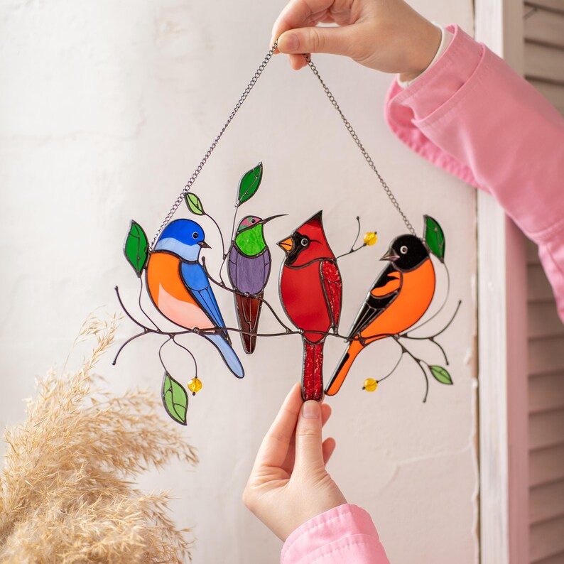 Handmade Birds Stained Glass Window Wall Hanging