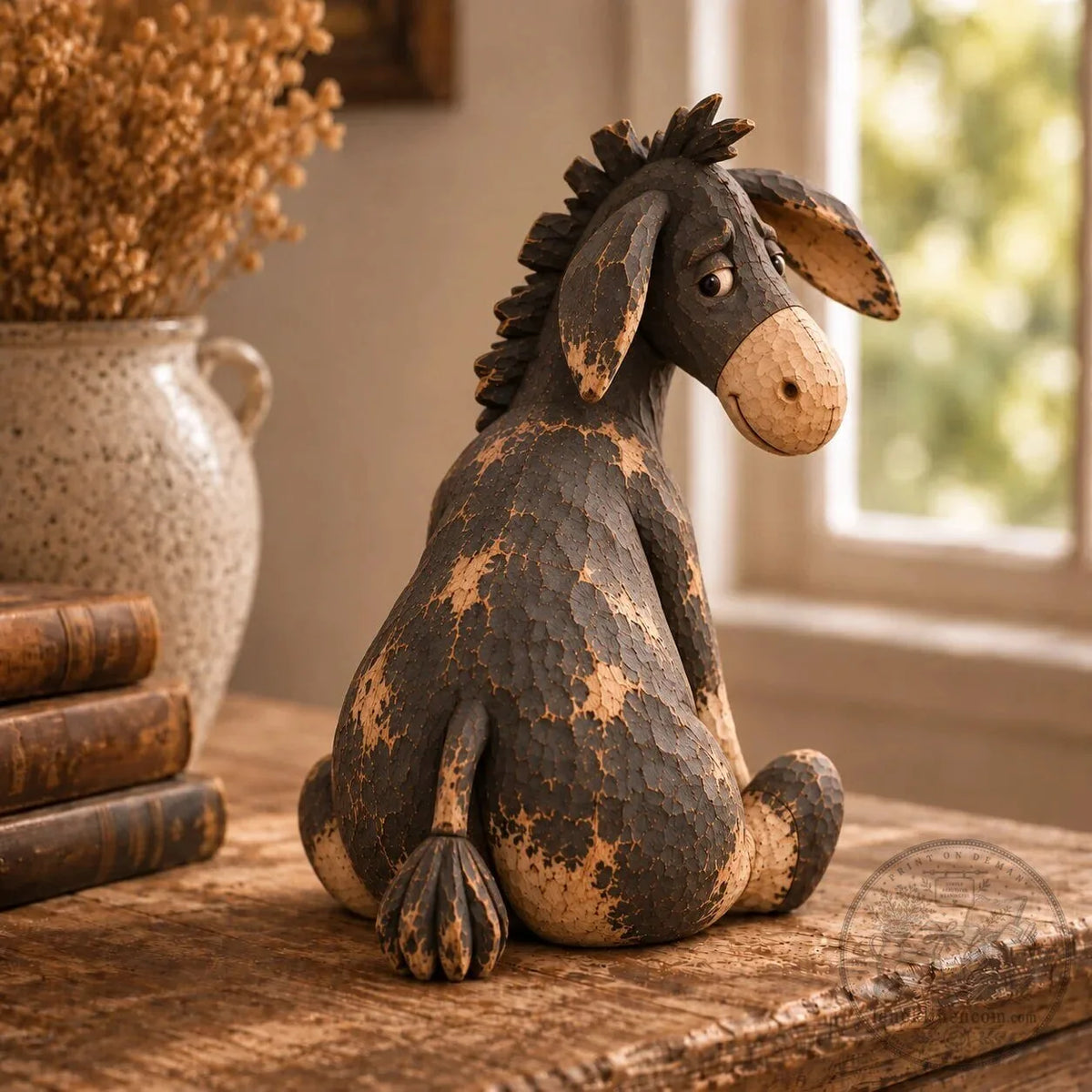 Rustic Vintage Donkey Figurine – Funny Farmhouse Tabletop Decor with Distressed Wood-Look Finish
