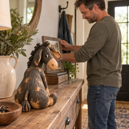 Rustic Vintage Donkey Figurine – Funny Farmhouse Tabletop Decor with Distressed Wood-Look Finish